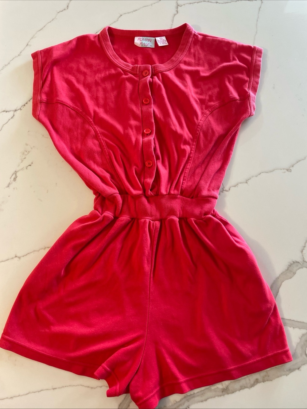 Vintage red romper Button-Front women’s Romper with Elastic Waist
